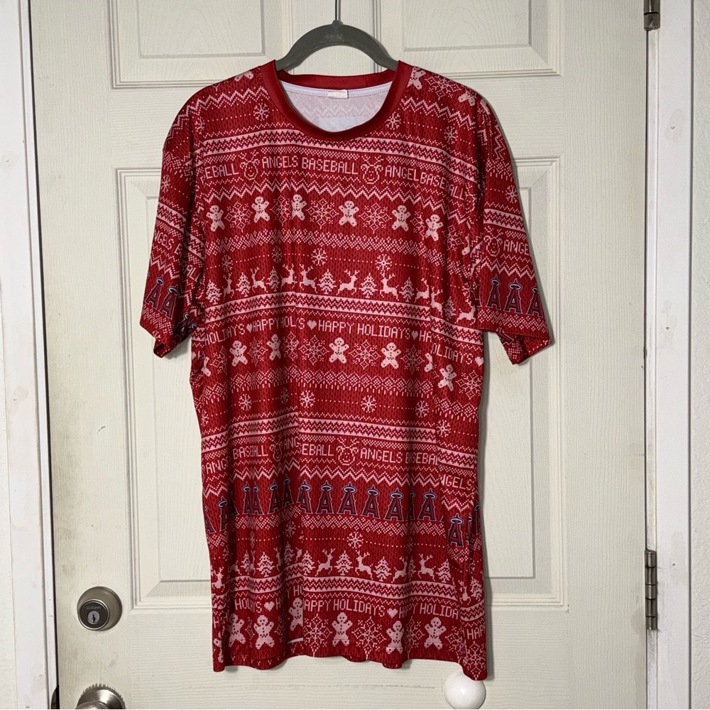 Anaheim Angels Red Holiday Baseball Themed Men's Shirt Sz XLarge